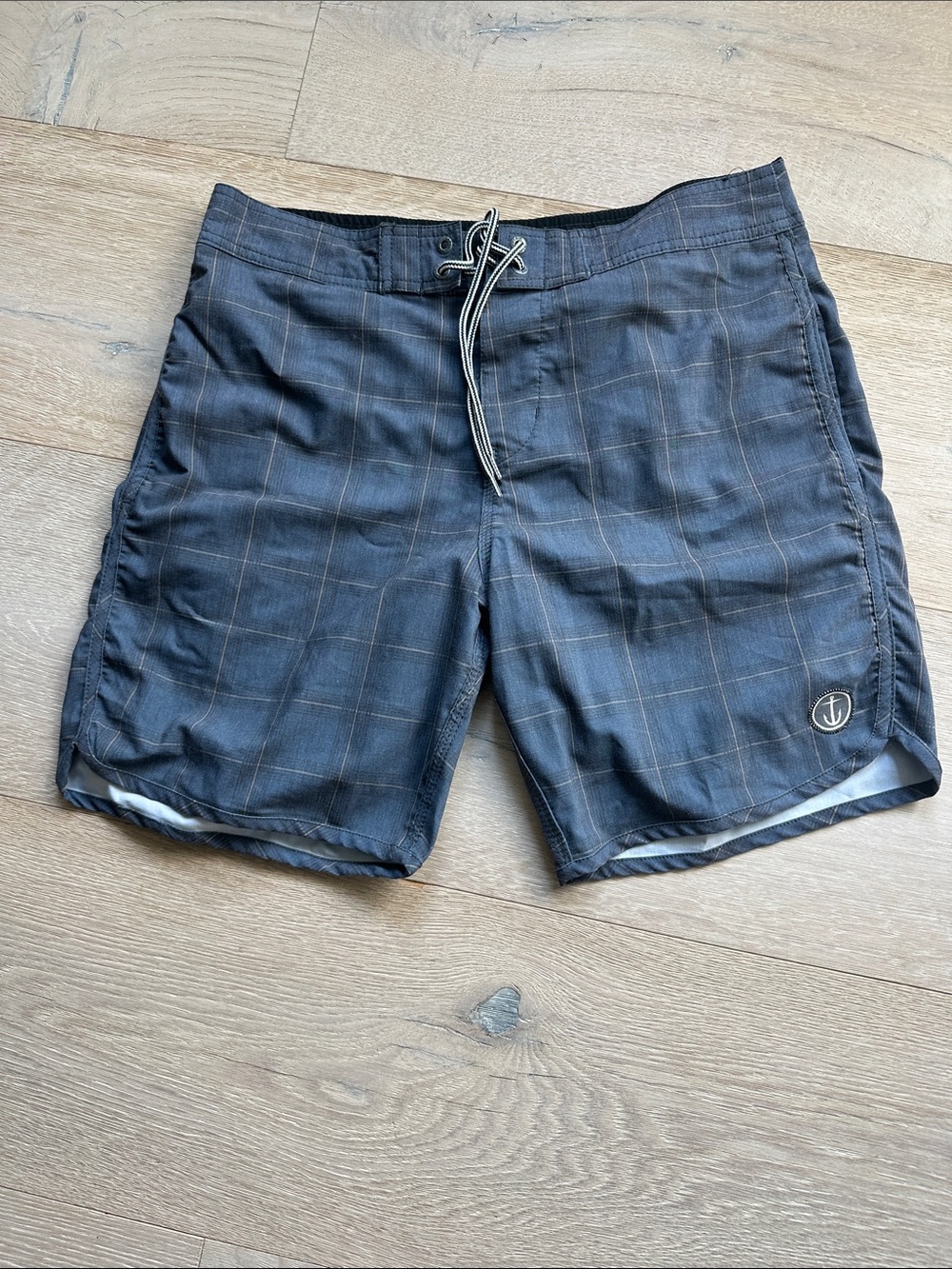 Men's Gray Plaid Swim Board Shorts with Lace-Up Waist